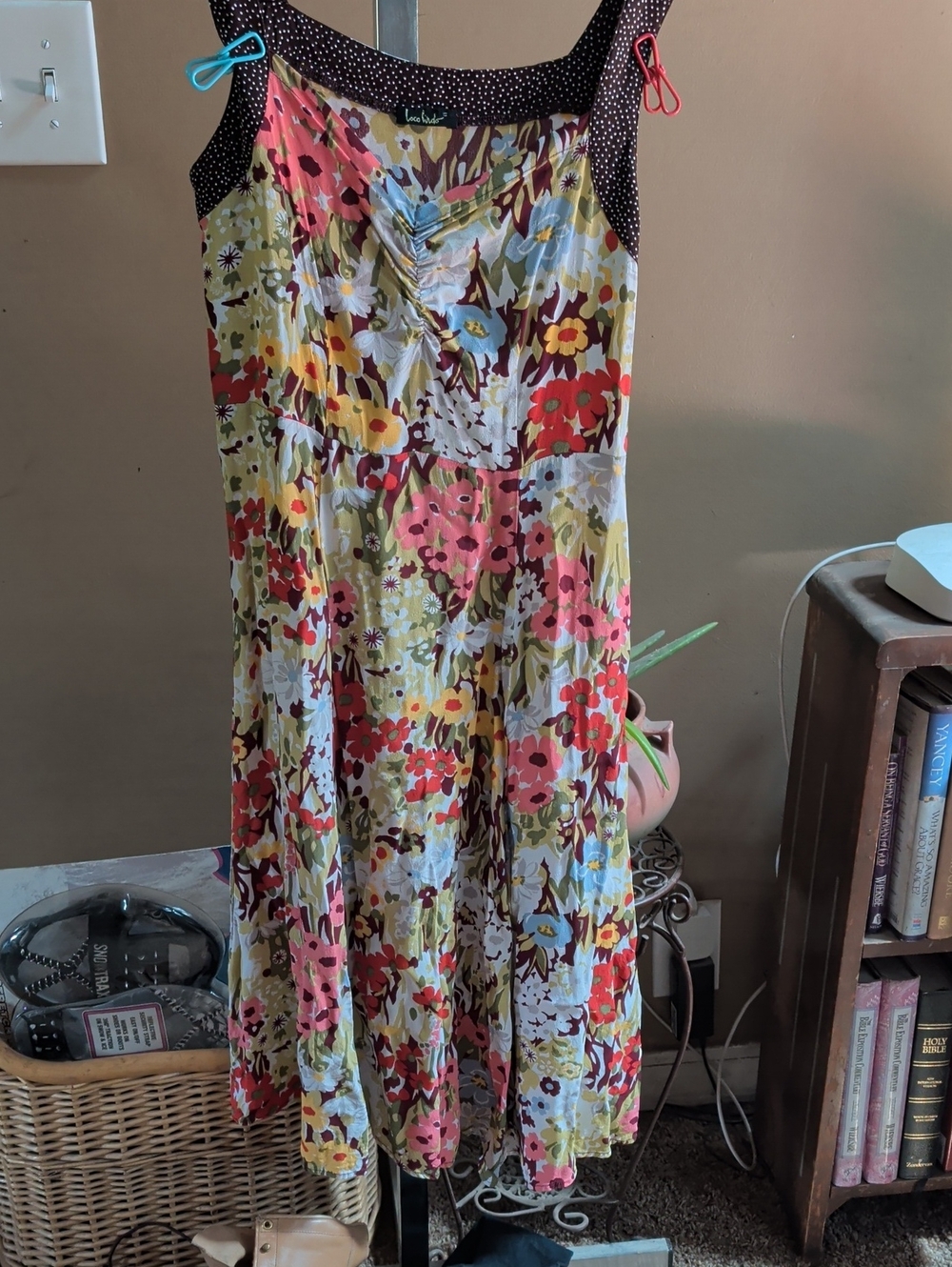 Anthropologie Floral Midi Dress with Polka Dot Trim